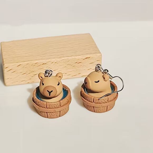 Handmade 3D Capybara Cute Bucket Bathing Earrings - Picture 1 of 3